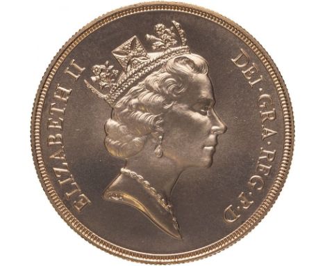 UNITED KINGDOM. Elizabeth II, 1952-. Gold 5 pounds (5 sovereigns), 1985. Royal Mint. Third crowned head of Elizabeth II facin