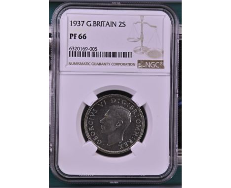 UNITED KINGDOM. George VI, 1936-52. Silver two shillings, 1937. Royal Mint. Proof. Bare head of King George VI facing left; H