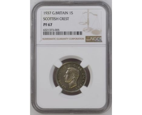 UNITED KINGDOM. George VI, 1936-52. silver shilling, 1937. Royal Mint. Proof. Bare head of King George V facing left; B.M. on