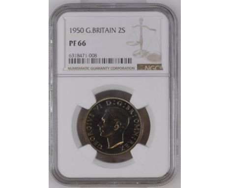 UNITED KINGDOM. George VI, 1936-52. CuproNickel two shillings, 1950. Royal Mint. Proof. Bare head of King George VI facing le