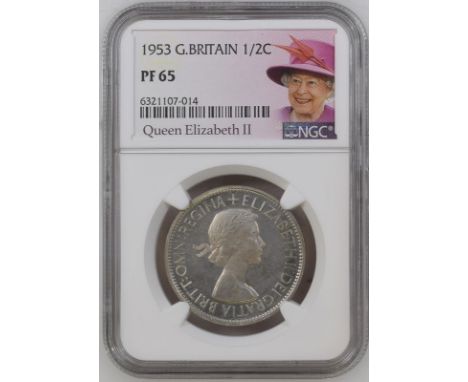 UNITED KINGDOM. Elizabeth II, 1952-. CuproNickel halfcrown, 1953. Royal Mint. Proof. First, laureate bust of Elizabeth II fac