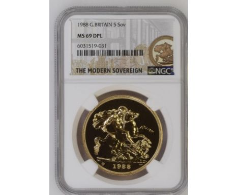 UNITED KINGDOM. Elizabeth II, 1952-. Gold 5 pounds (5 sovereigns), 1988. Royal Mint. Third crowned head of Elizabeth II facin