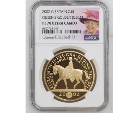 UNITED KINGDOM. Elizabeth II, 1952-. Gold 5 pounds (crown), 2002. Royal Mint. Proof. Golden Jubilee (50th anniversary) of the