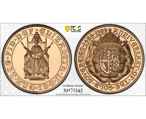 UNITED KINGDOM. Elizabeth II, 1952-. Gold 2 pounds (double sovereign), 1989. Royal Mint. Proof. Commemorating the 500 years a