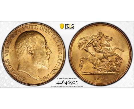 UNITED KINGDOM. Edward VII, 1901-10. Gold 5 pounds (5 sovereigns), 1902. London Mint. Bare head of King Edward VII facing rig