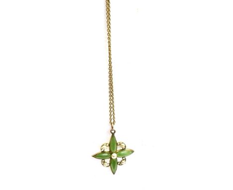 A VINTAGE MARKED 9C JADE AND SEED PEARL FLOWER PENDANT And unmarked chain, pendant 3cm X 3cm, chain length 41cm, weight of pe