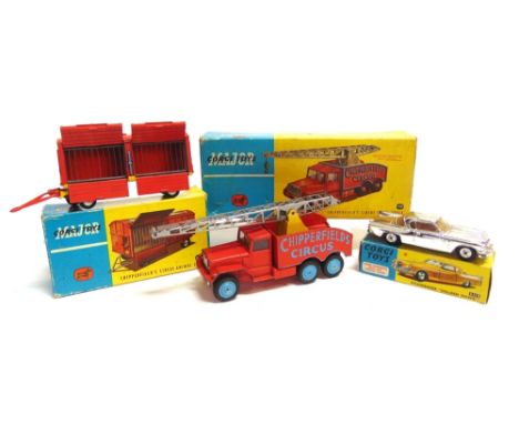 THREE CORGI DIECAST MODEL VEHICLES  comprising a Major Toys No.1121, Chipperfield's Circus Crane Truck, red with pale blue hu