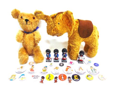 ASSORTED COLLECTABLES  comprising a gold plush soft toy elephant, 27cm long; a gold plush teddy bear, 34cm high; four Roberts