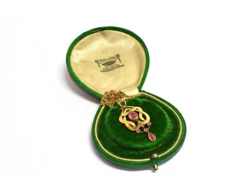 AN EARLY 20TH CENTURY MARKED 9C PENDANT AND CHAIN The open work pendant drop set with faceted pink paste stones, with the bac
