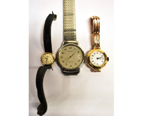 THREE VINTAGE WATCHES A 9ct gold cased wrist watch with expanding strap, inside rear case with import stamp 9.375, expanding 