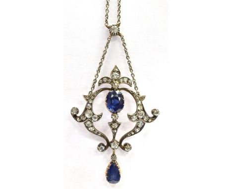 AN EARLY 20th CENTURY OLD CUT DIAMOND AND SAPPHIRE LAVALIERE NECKLACE the necklace set in unmarked white metal with the penda