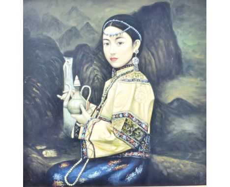 CHINESE SCHOOL (CONTEMPORARY) Half length portrait of a lady Oil on canvas 104cm x 78cm