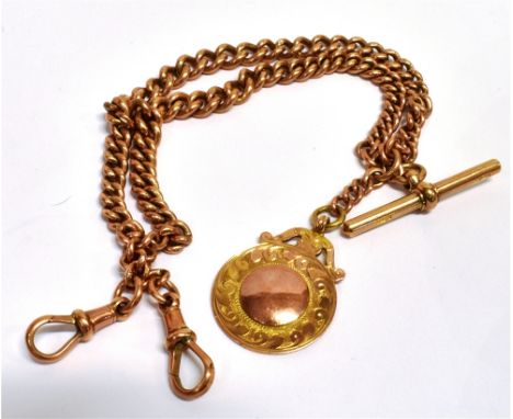 A 9ct ROSE GOLD DOUBLE ALBERT CHAIN with T-Bar and fob, the chain made up of two curb link chains and lobster clasps with an 