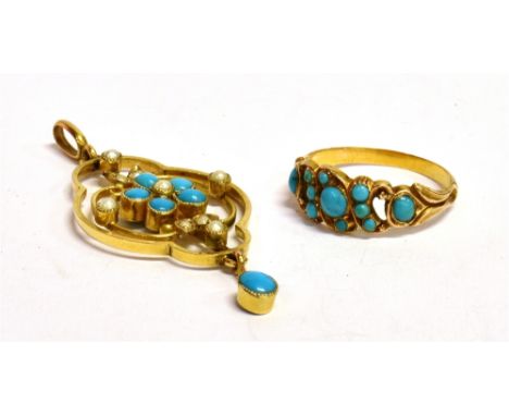 A TURQUOISE PENDANT AND RING The pendant in unmarked yellow metal and set with Turquoise stones and seed pearls, length inclu