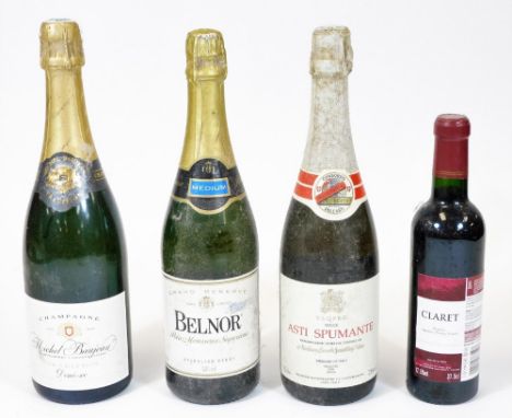 Various alcohol, Asti Spumante sparkling wine, Belnor, half bottle of claret and a bottle of Michel Baujean champagne.  (a qu
