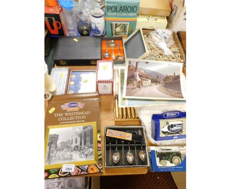 Collectable coins, shaving set, Whitbread Collection model vehicles, silver plated ware, other die cast, jig-saw, knives, etc