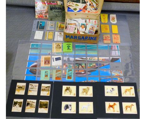 Various cigarette, trade and other cards, vintage pressed cigarette card packs for Navy Cut Blue Boy, etc., part cigarette an