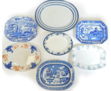 Various meat plates, late 19thC and other, Copeland Spode Italian example, 41cm wide, other blue and white, oval example, etc