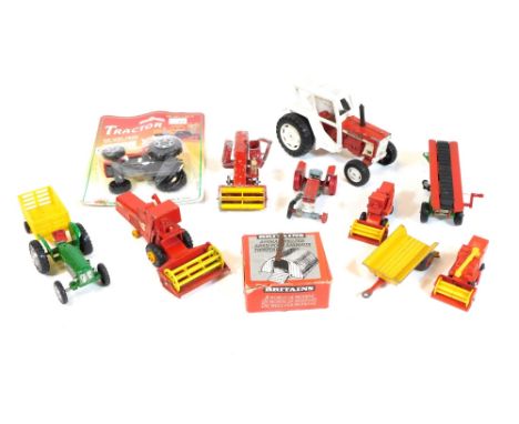 Various die cast vehicles, farm machinery, etc., Lesney Massey Ferguson 78 in red 5cm high, blister pack tractor, boxed Brita