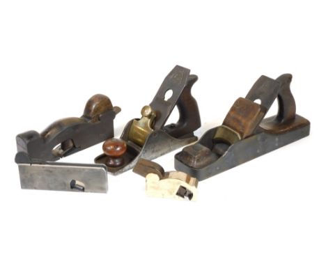 Various vintage wood cabinet-maker's planes, an early 20thC miniature brass plane with wooden wedge, 12cm wide, with star emb