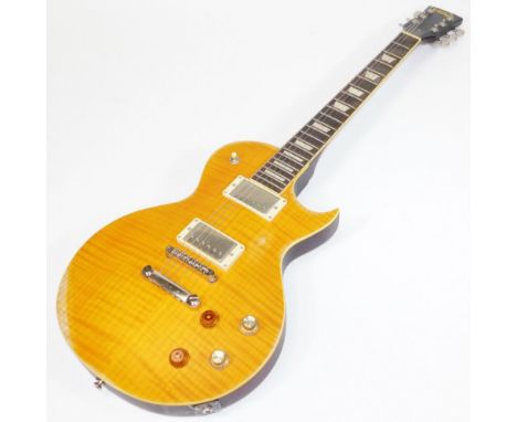 A Vintage brand Les Paul style electric guitar, in honey burst style finish, with relic appearance, with twin Wilkinson humbu