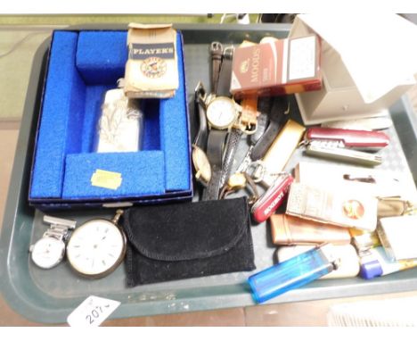 Various watches, pocket lighters, Swiss Army style knife, another London Advertising pocket knife, Casio quartz ladies wristw