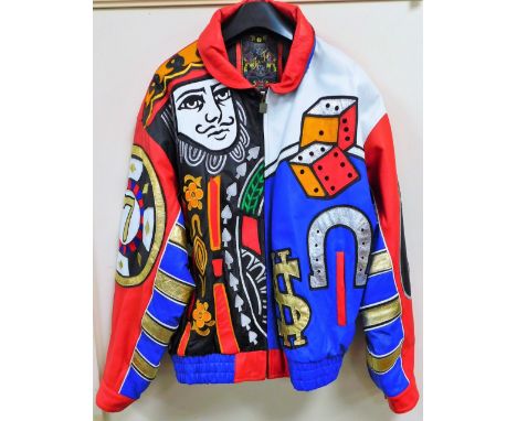 A Los Angeles California playing card jacket, labelled full leather, JCKY back, multicoloured predominately in red, yellow, b