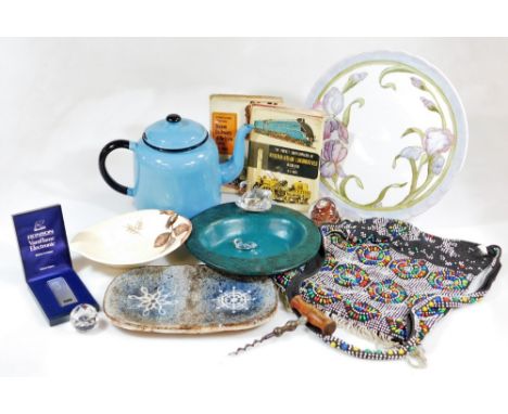 Various bygones, collectables and effects, a bead work bag, corkscrew, blue enamel kettle, 19cm high, Nock (OS) Steam Railway
