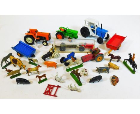 Various die cast vehicles, farm machinery, tractors, etc., a Lesney Farm King trailer NOK-3 14cm wide, a Renault tractor in g