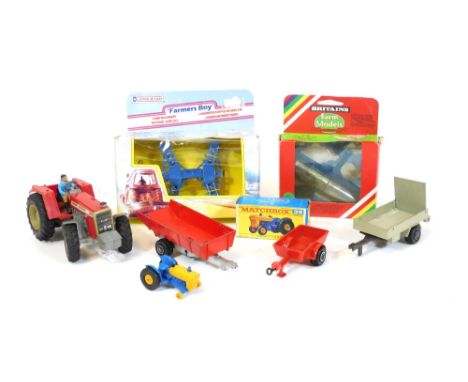 Various die cast vehicles, farm machinery, tractors, etc., a Britains boxed farm model roller 11cm wide, a 1984 Britains Mass