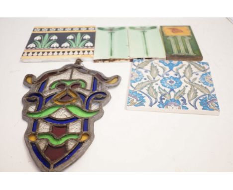 5x Early tiles together with a leaded light panel 