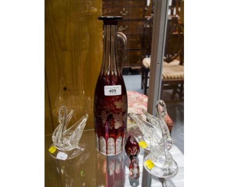 ETCHED RUBY DECANTER, 3 SWANS + PLATE