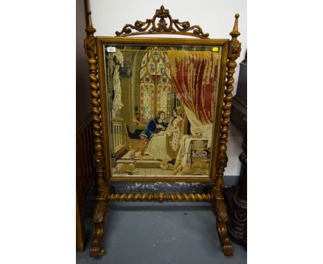 CARVED VICTORIAN FIRESCREEN WITH TAPESTRY INSERT
