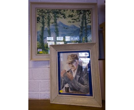 MABEL YOUNG PRINT + JOHN HAUGH, 1921-2008 WATERCOLOUR OF MAN WITH PIPE