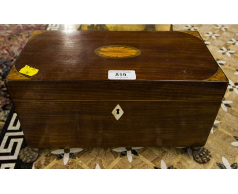 INLAID TEA CADDY ON BRASS PAW FEET