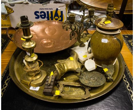 LARGE BRASS TRAY, COPPER PAN, BRASS LAMP ETC