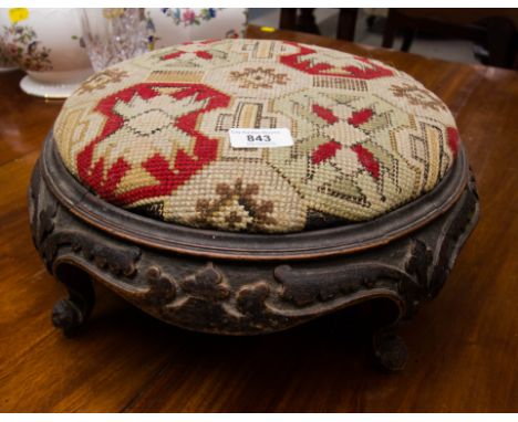 VICTORIAN TAPESTRY TOP CARVED FOOT STOOL
