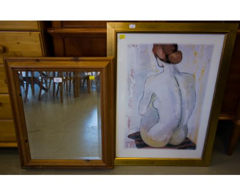 PINE BEVELLED MIRROR + PRINT OF LADY