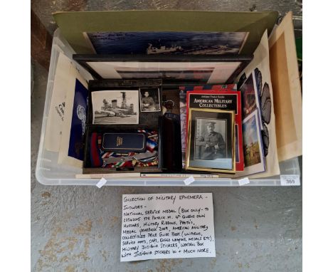 Collection of Military ephemera to include: National Service Medal BOX ONLY, Military ribbons, photos, Medal Year Book 2009, 