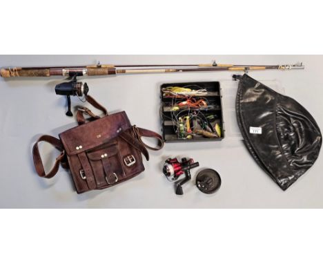 Vintage two piece fishing rod, comprising two reels, leather bag, fishing lures etc.  (B.P. 21% + VAT)