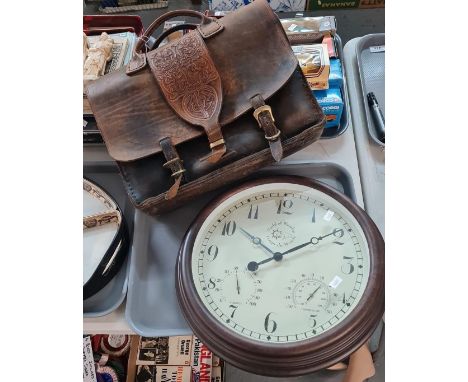 Hand made Celtic design leather briefcase with brass buckle, together with a modern vintage style wall clock. (2)&nbsp; (B.P.