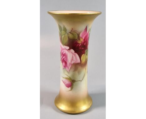 Royal Worcester porcelain trumpet vase, hand-painted with roses, by Ethel Fildes. Dated 1919. 15.5cm high approx. Green print