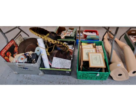 Three boxes of oddments to include sombrero hat, South American hats, vintage ladies fur hats, Adidas trainers, various metal