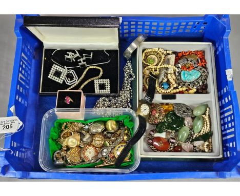 Collection of vintage and other jewellery to include: pocket watches, watches, hard stones, coral brooches, coin holder, dres
