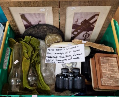 Collection of oddments of include: glass chimneys, telephone, jazz prints, vintage griddle, binoculars etc. (B.P. 21% + VAT)