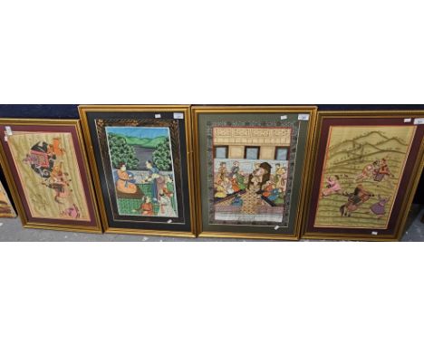 Mughal School, two pairs of watercolours, Tiger Hunting and Court scenes with figures. 31x44 and 47x36cm approx. Framed and g