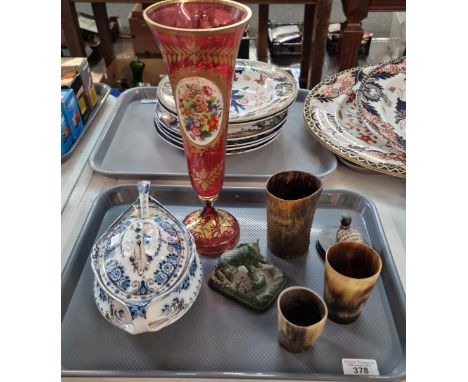 Victorian cranberry glass pedestal trumpet shaped vase with applied floral porcelain panel, 19th century Staffordshire potter