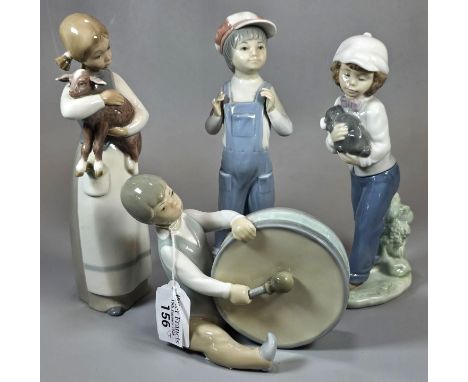 Three Lladro Spanish porcelain figurines of young children, one playing the drum. Together with a Nao porcelain figure of a y