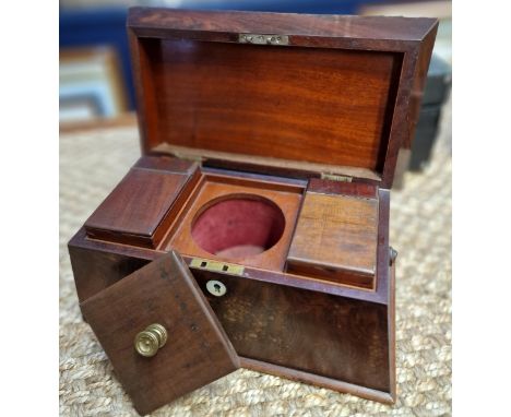 19th century mahogany sarcophagus shaped tea caddy, in distressed condition.  (B.P. 21% + VAT)