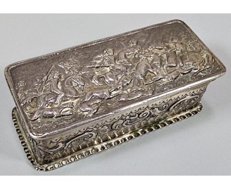 Victorian silver repoussé box, of rectangular form, the top decorated with relief battle scene, by Rosenthal, Jacob &amp; Co.